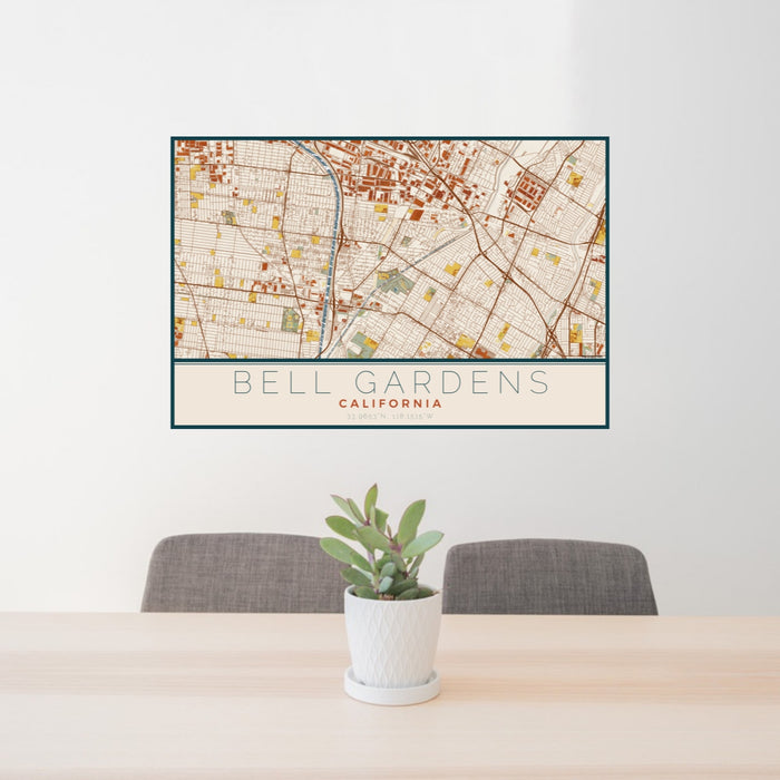 24x36 Bell Gardens California Map Print Lanscape Orientation in Woodblock Style Behind 2 Chairs Table and Potted Plant