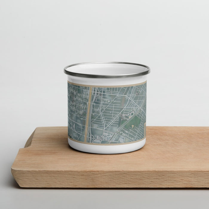 Front View Custom Bell Gardens California Map Enamel Mug in Afternoon on Cutting Board