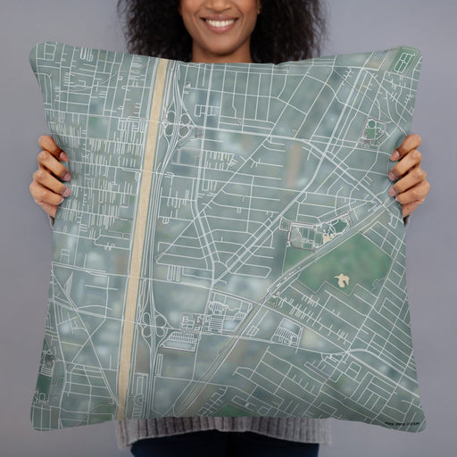 Person holding 22x22 Custom Bell Gardens California Map Throw Pillow in Afternoon