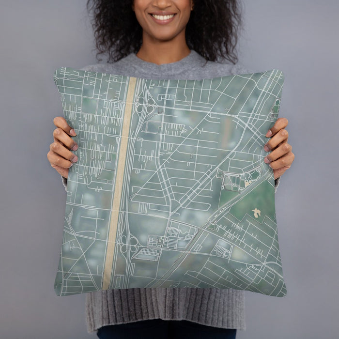 Person holding 18x18 Custom Bell Gardens California Map Throw Pillow in Afternoon
