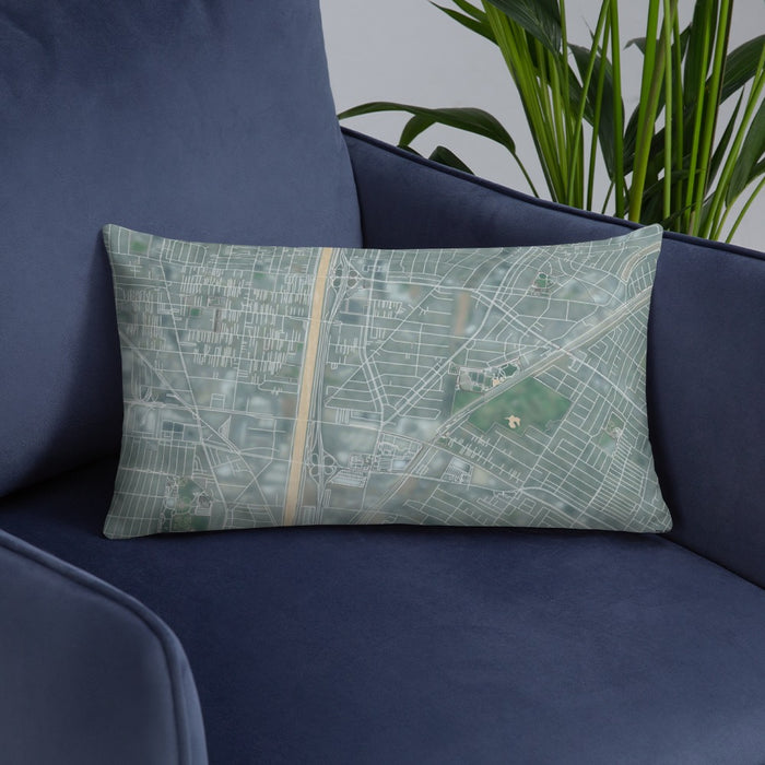 Custom Bell Gardens California Map Throw Pillow in Afternoon on Blue Colored Chair