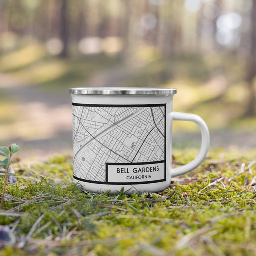 Right View Custom Bell Gardens California Map Enamel Mug in Classic on Grass With Trees in Background