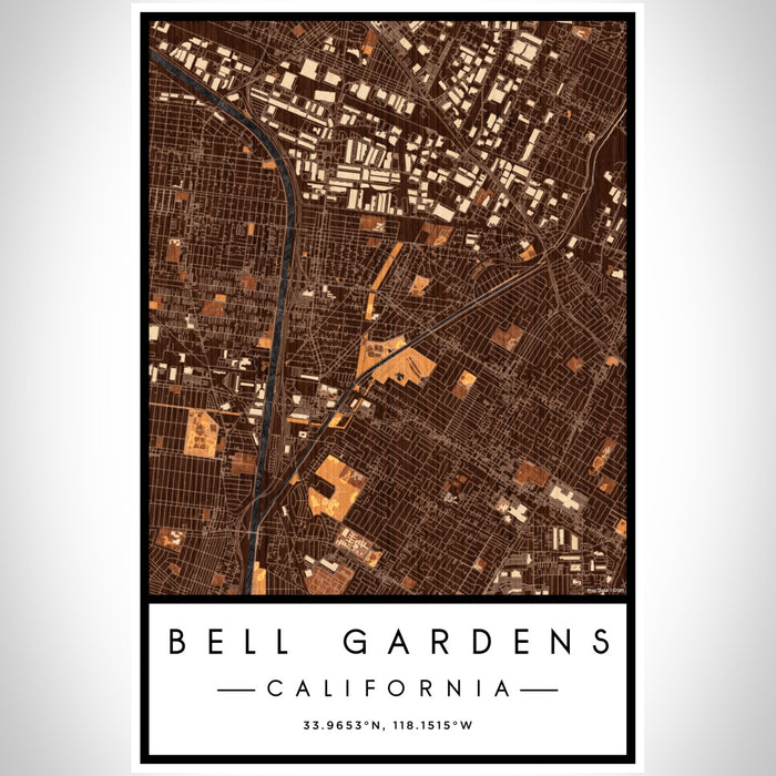 Bell Gardens California Map Print Portrait Orientation in Ember Style With Shaded Background