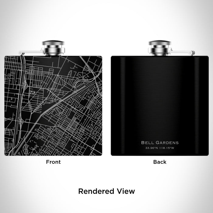 Rendered View of Bell Gardens California Map Engraving on 6oz Stainless Steel Flask in Black