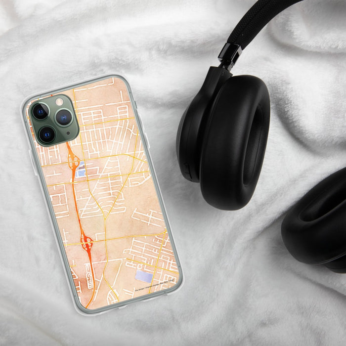 Custom Bell Gardens California Map Phone Case in Watercolor on Table with Black Headphones
