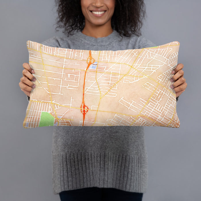 Person holding 20x12 Custom Bell Gardens California Map Throw Pillow in Watercolor