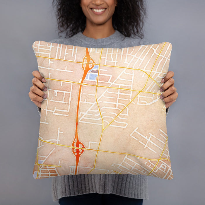 Person holding 18x18 Custom Bell Gardens California Map Throw Pillow in Watercolor
