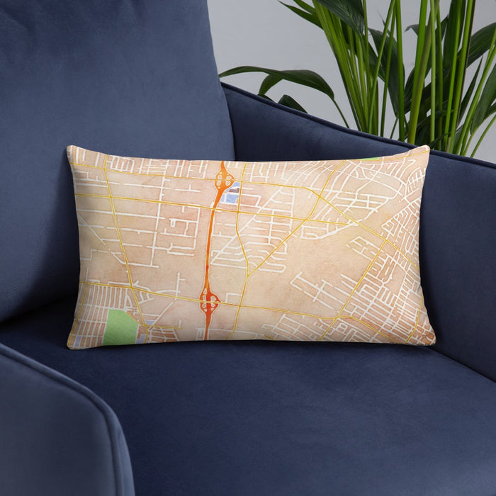 Custom Bell Gardens California Map Throw Pillow in Watercolor on Blue Colored Chair