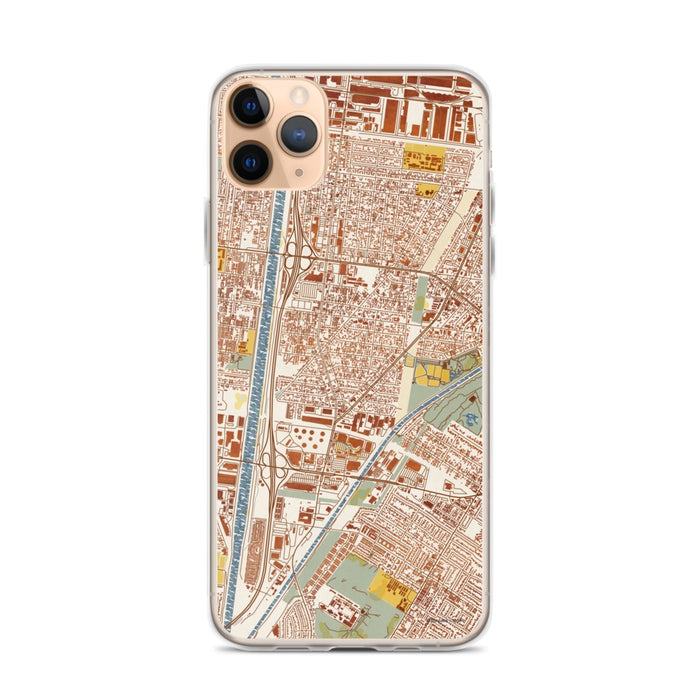 Custom iPhone 11 Pro Max Bell Gardens California Map Phone Case in Woodblock