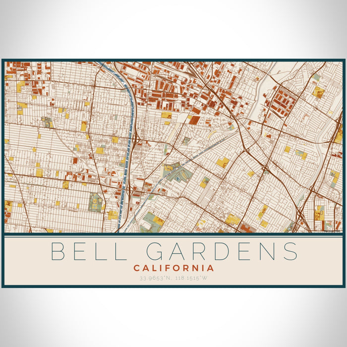 Bell Gardens California Map Print Landscape Orientation in Woodblock Style With Shaded Background