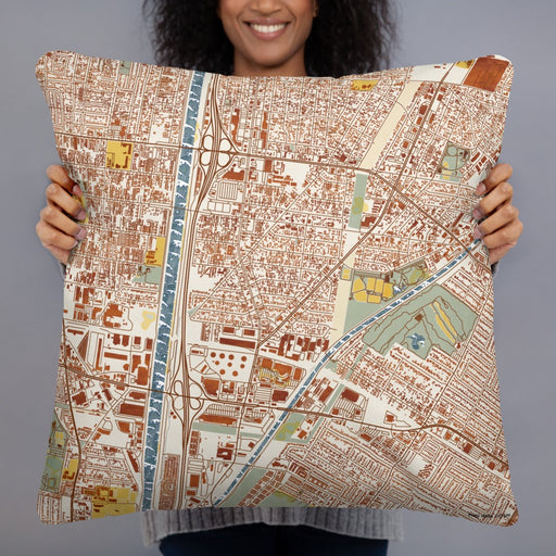 Person holding 22x22 Custom Bell Gardens California Map Throw Pillow in Woodblock