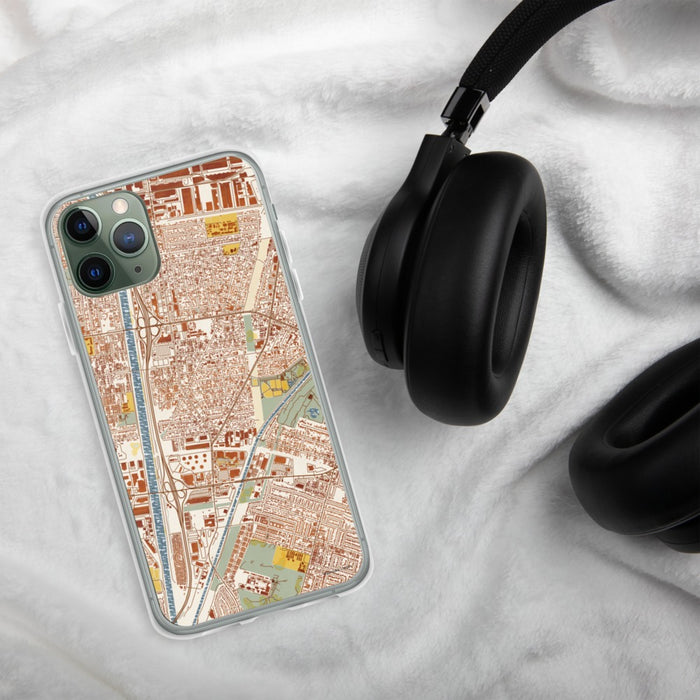 Custom Bell Gardens California Map Phone Case in Woodblock on Table with Black Headphones