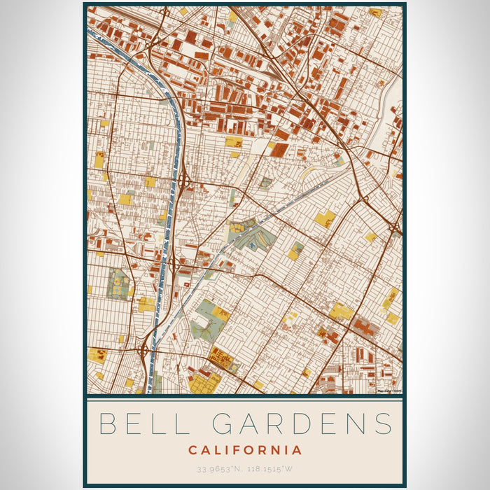 Bell Gardens California Map Print Portrait Orientation in Woodblock Style With Shaded Background