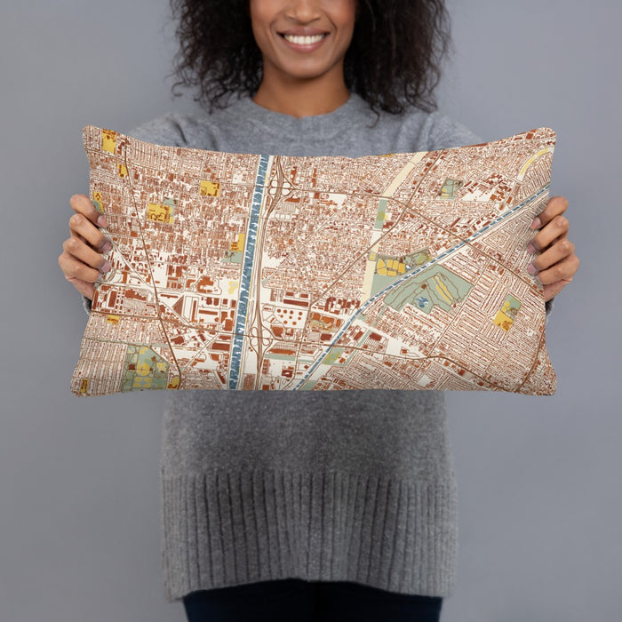 Person holding 20x12 Custom Bell Gardens California Map Throw Pillow in Woodblock