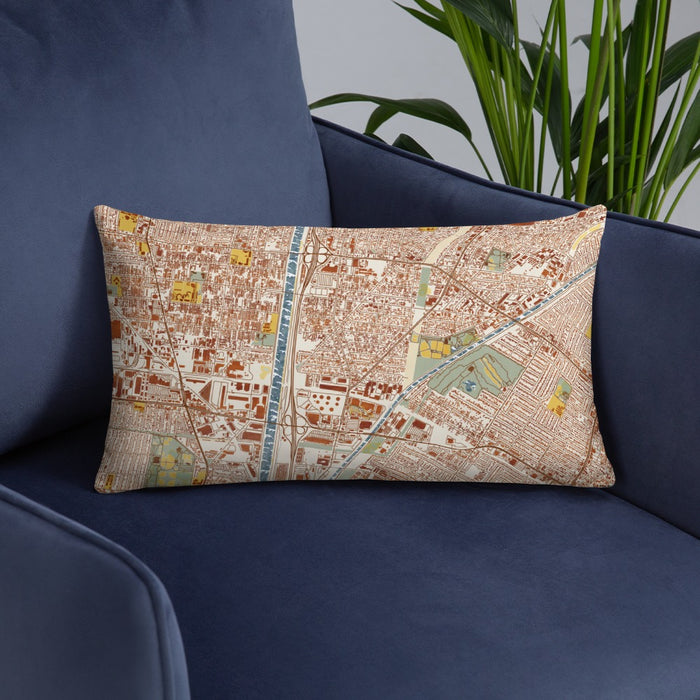 Custom Bell Gardens California Map Throw Pillow in Woodblock on Blue Colored Chair