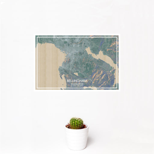 12x18 Bellingham Washington Map Print Landscape Orientation in Afternoon Style With Small Cactus Plant in White Planter