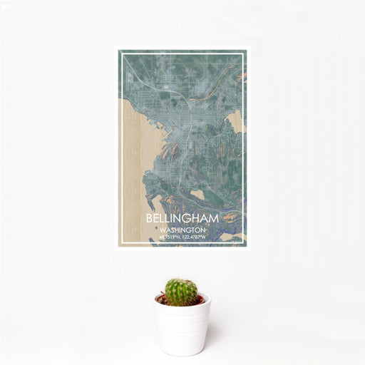 12x18 Bellingham Washington Map Print Portrait Orientation in Afternoon Style With Small Cactus Plant in White Planter