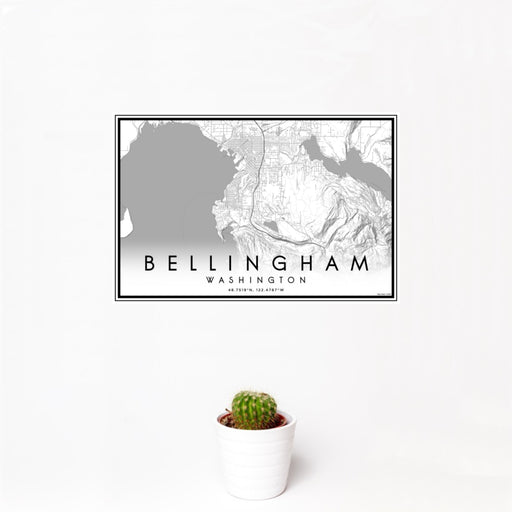 12x18 Bellingham Washington Map Print Landscape Orientation in Classic Style With Small Cactus Plant in White Planter