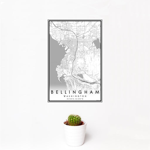 12x18 Bellingham Washington Map Print Portrait Orientation in Classic Style With Small Cactus Plant in White Planter