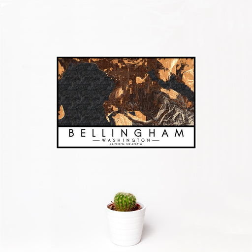 12x18 Bellingham Washington Map Print Landscape Orientation in Ember Style With Small Cactus Plant in White Planter