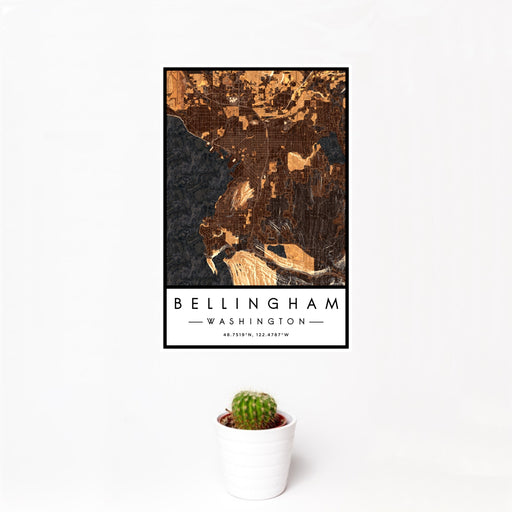12x18 Bellingham Washington Map Print Portrait Orientation in Ember Style With Small Cactus Plant in White Planter