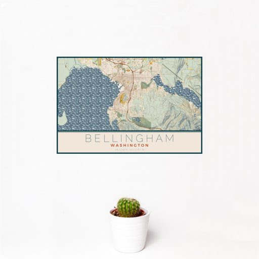 12x18 Bellingham Washington Map Print Landscape Orientation in Woodblock Style With Small Cactus Plant in White Planter
