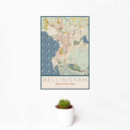 12x18 Bellingham Washington Map Print Portrait Orientation in Woodblock Style With Small Cactus Plant in White Planter