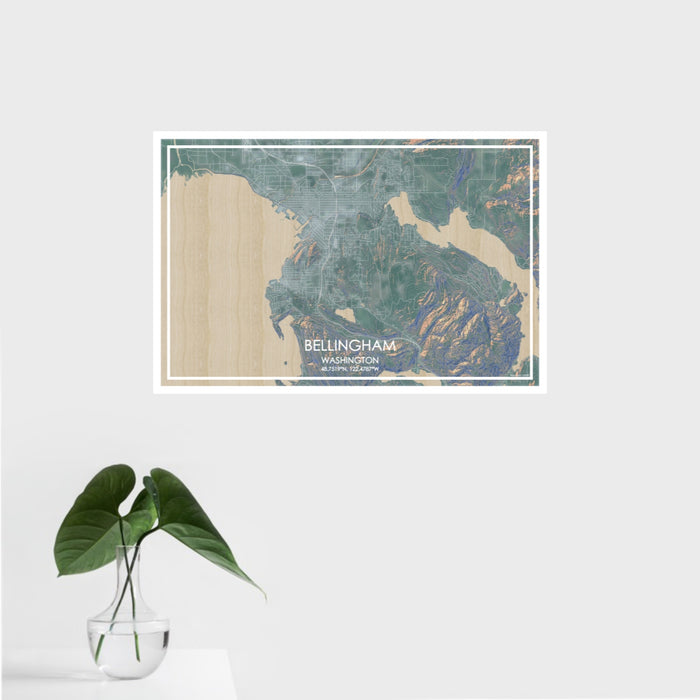 16x24 Bellingham Washington Map Print Landscape Orientation in Afternoon Style With Tropical Plant Leaves in Water