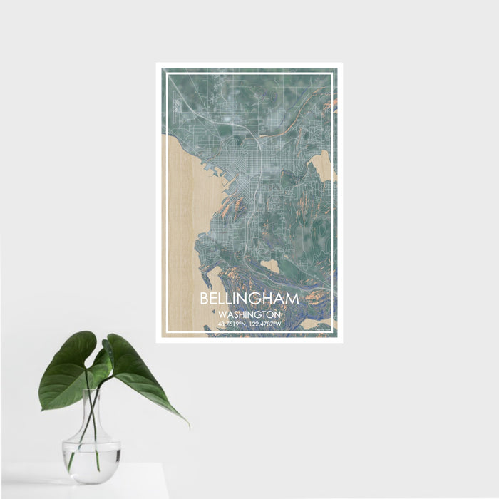16x24 Bellingham Washington Map Print Portrait Orientation in Afternoon Style With Tropical Plant Leaves in Water