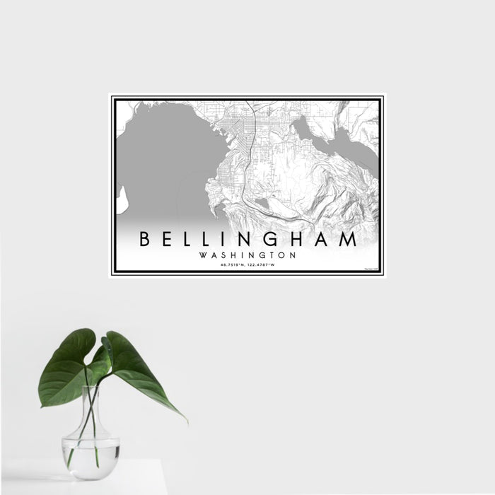 16x24 Bellingham Washington Map Print Landscape Orientation in Classic Style With Tropical Plant Leaves in Water