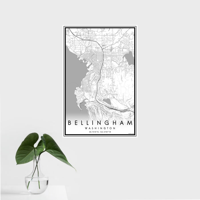 16x24 Bellingham Washington Map Print Portrait Orientation in Classic Style With Tropical Plant Leaves in Water