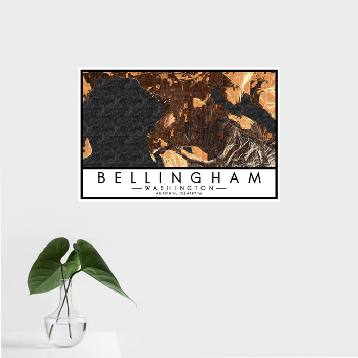 16x24 Bellingham Washington Map Print Landscape Orientation in Ember Style With Tropical Plant Leaves in Water