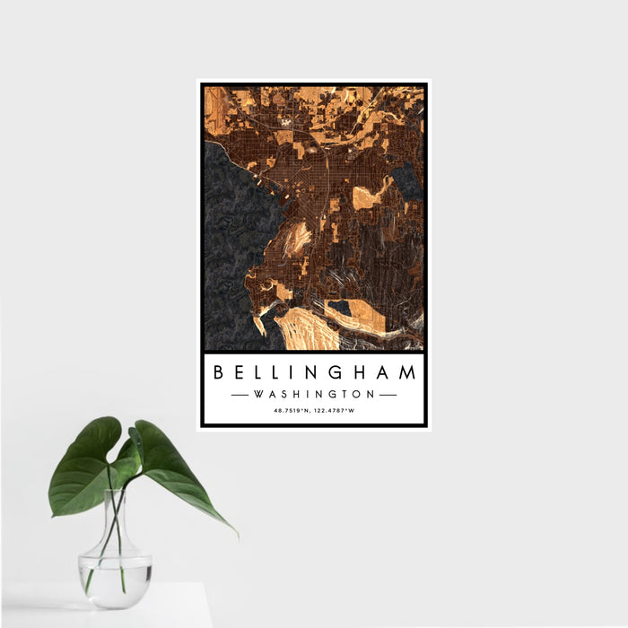 16x24 Bellingham Washington Map Print Portrait Orientation in Ember Style With Tropical Plant Leaves in Water