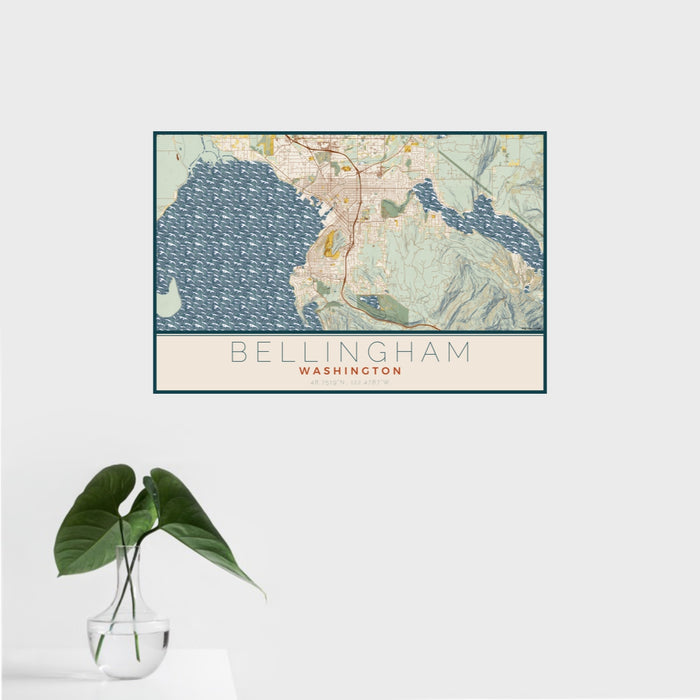 16x24 Bellingham Washington Map Print Landscape Orientation in Woodblock Style With Tropical Plant Leaves in Water