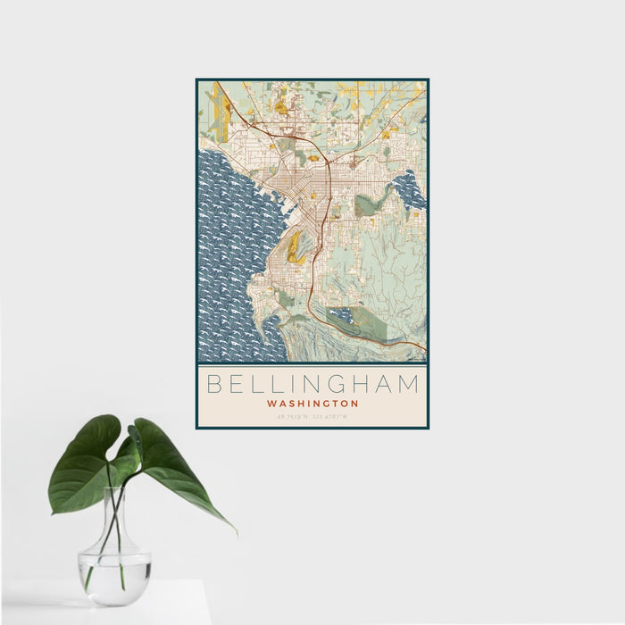 16x24 Bellingham Washington Map Print Portrait Orientation in Woodblock Style With Tropical Plant Leaves in Water