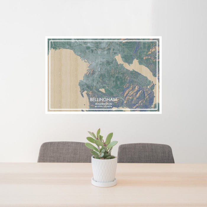 24x36 Bellingham Washington Map Print Lanscape Orientation in Afternoon Style Behind 2 Chairs Table and Potted Plant