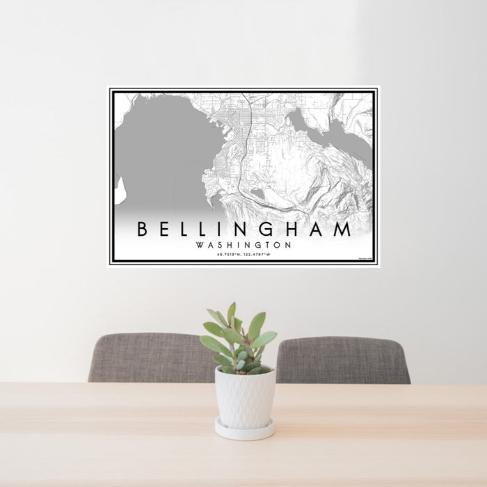 24x36 Bellingham Washington Map Print Lanscape Orientation in Classic Style Behind 2 Chairs Table and Potted Plant