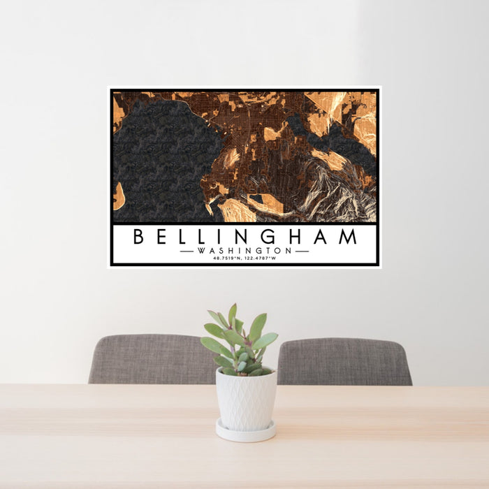 24x36 Bellingham Washington Map Print Lanscape Orientation in Ember Style Behind 2 Chairs Table and Potted Plant