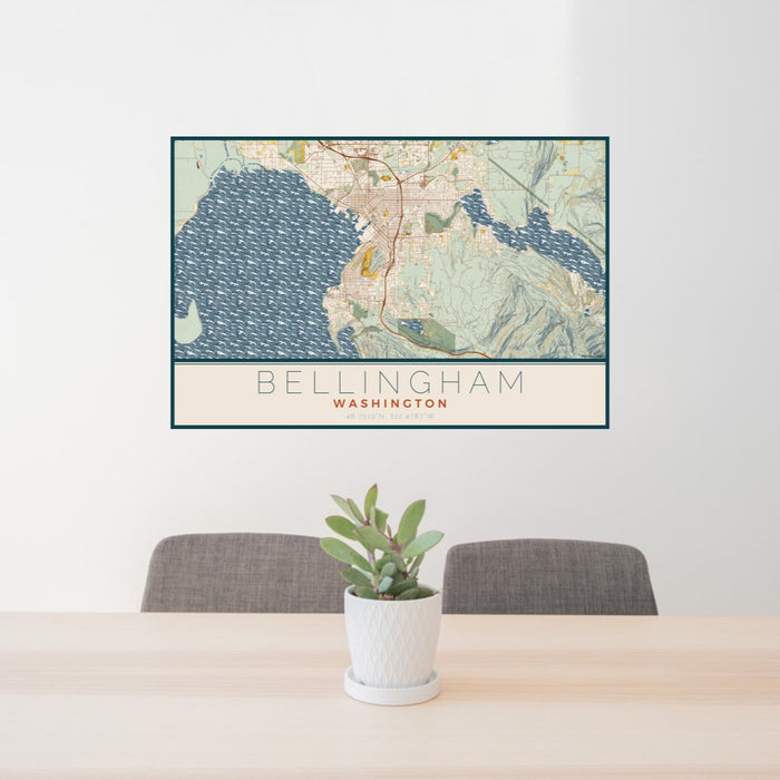 24x36 Bellingham Washington Map Print Lanscape Orientation in Woodblock Style Behind 2 Chairs Table and Potted Plant