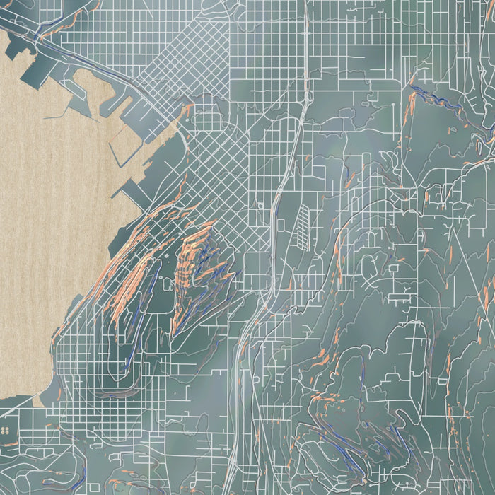 Bellingham Washington Map Print in Afternoon Style Zoomed In Close Up Showing Details