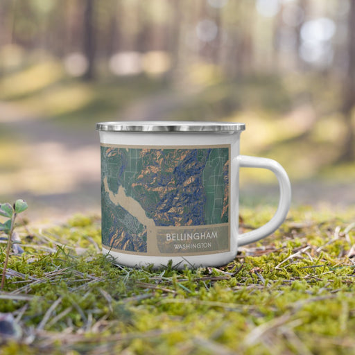 Right View Custom Bellingham Washington Map Enamel Mug in Afternoon on Grass With Trees in Background