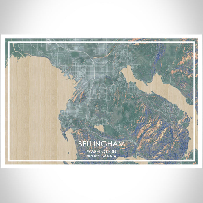 Bellingham Washington Map Print Landscape Orientation in Afternoon Style With Shaded Background