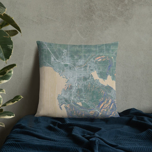 Custom Bellingham Washington Map Throw Pillow in Afternoon on Bedding Against Wall
