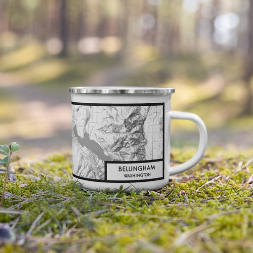 Right View Custom Bellingham Washington Map Enamel Mug in Classic on Grass With Trees in Background