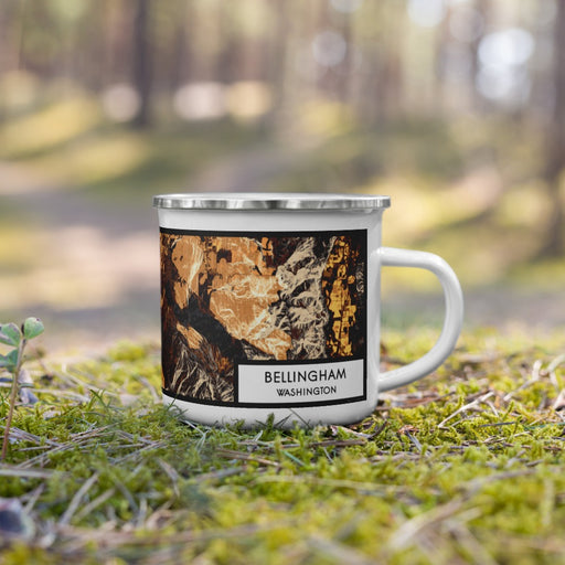 Right View Custom Bellingham Washington Map Enamel Mug in Ember on Grass With Trees in Background