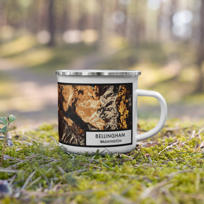 Right View Custom Bellingham Washington Map Enamel Mug in Ember on Grass With Trees in Background