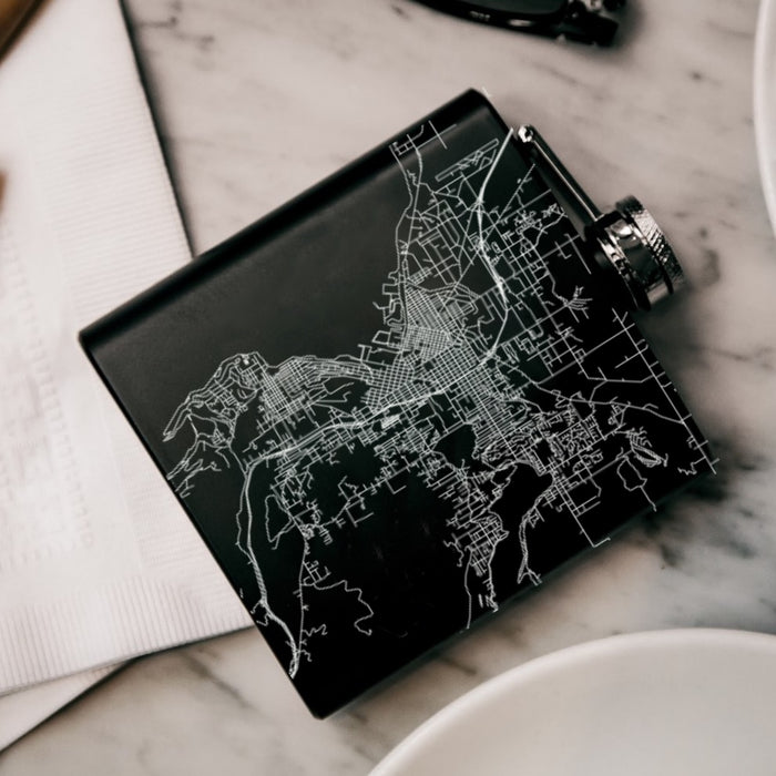 Bellingham Washington Custom Engraved City Map Inscription Coordinates on 6oz Stainless Steel Flask in Black