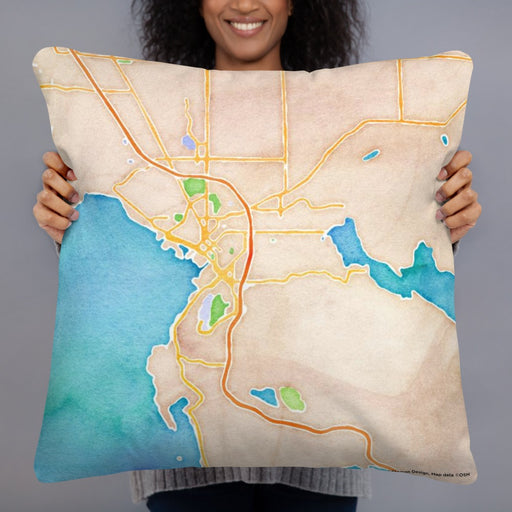 Person holding 22x22 Custom Bellingham Washington Map Throw Pillow in Watercolor
