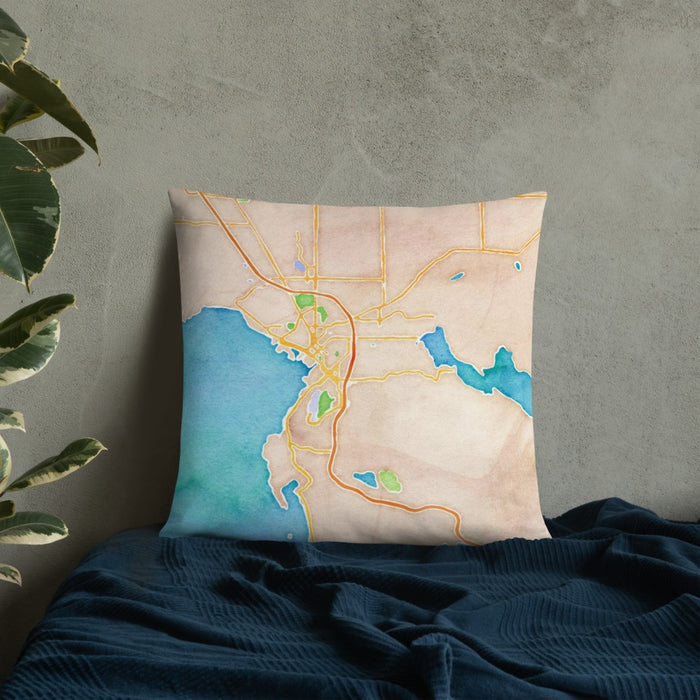 Custom Bellingham Washington Map Throw Pillow in Watercolor on Bedding Against Wall