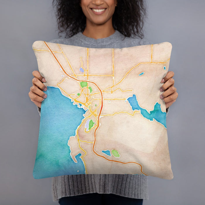 Person holding 18x18 Custom Bellingham Washington Map Throw Pillow in Watercolor
